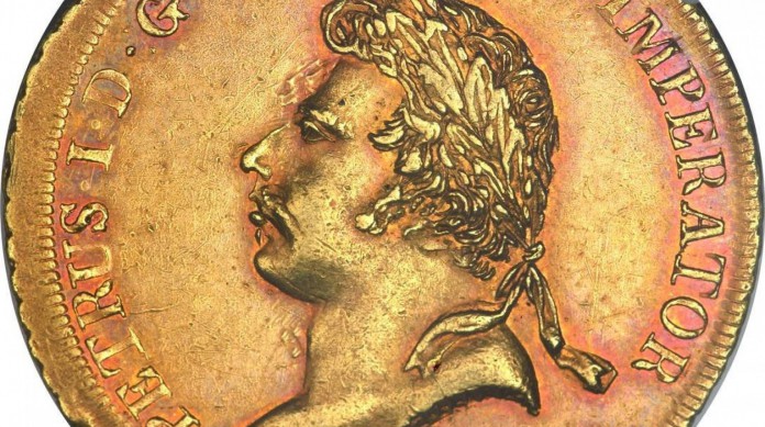 Moeda de 6.400 réis comemorativa da coroação de Pedro I como o imperador do Brasil Moeda de 6.400 réis comemorativa da coroação de Pedro I como o imperador do Brasil
